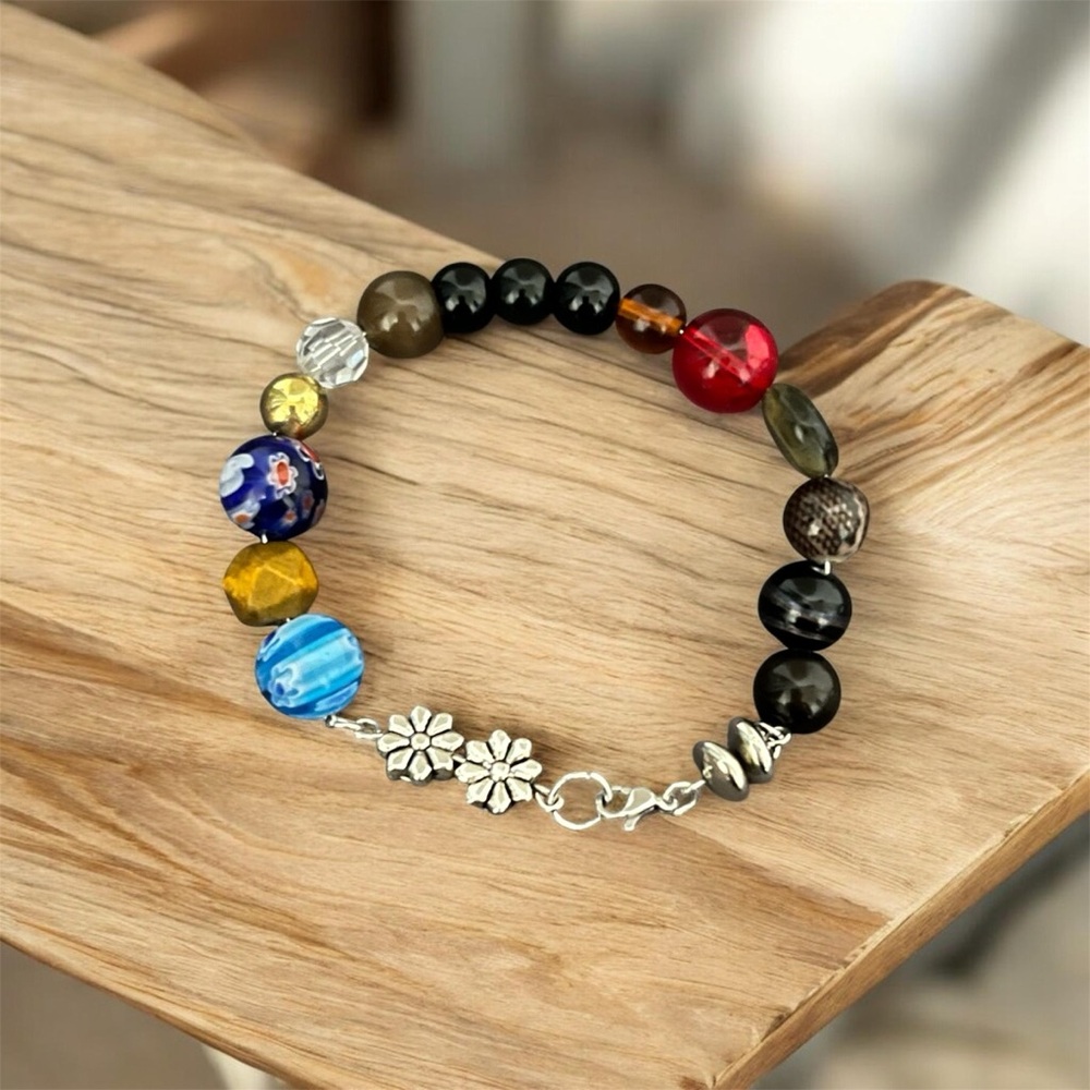 Multicoloured beaded wire bracelet with silver flower charms Handmade #festival - Picture 5 of 5